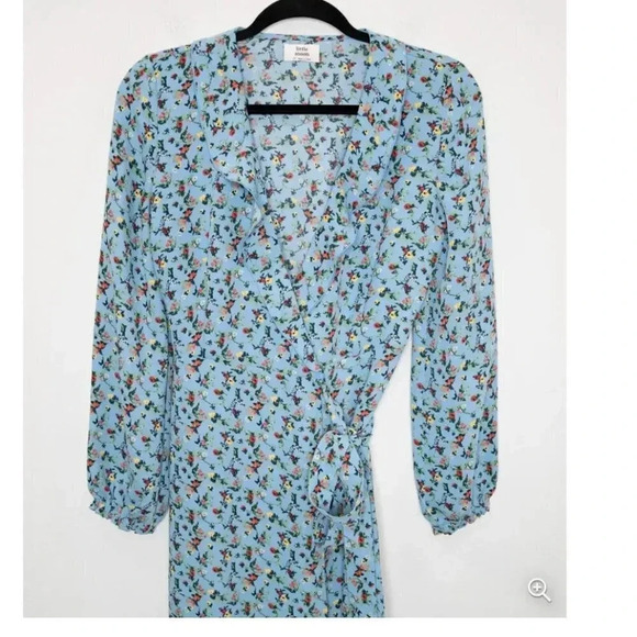 Aritzia Little Moon Elm Blue Floral Wrap Midi Dress Cottagecore Prairie Ruffles - Picture 7 of 8
